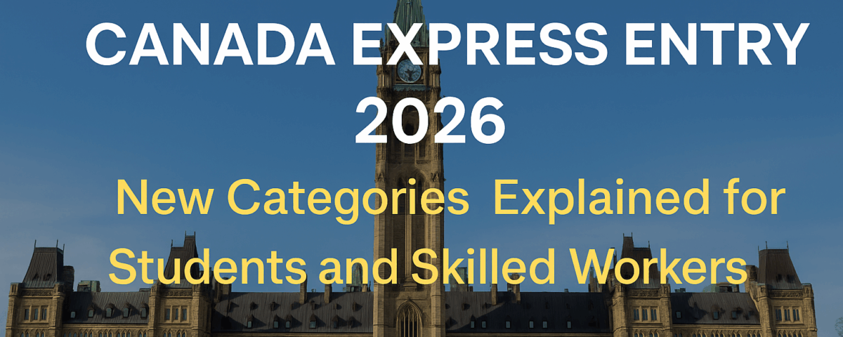 A professional blog cover image featuring the Canadian Parliament Buildings and bold text announcing “Canada Express Entry 2026: New Categories Explained for Students and Skilled Workers,” symbolizing immigration opportunities and pathways to Canada.
