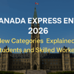 A professional blog cover image featuring the Canadian Parliament Buildings and bold text announcing “Canada Express Entry 2026: New Categories Explained for Students and Skilled Workers,” symbolizing immigration opportunities and pathways to Canada.